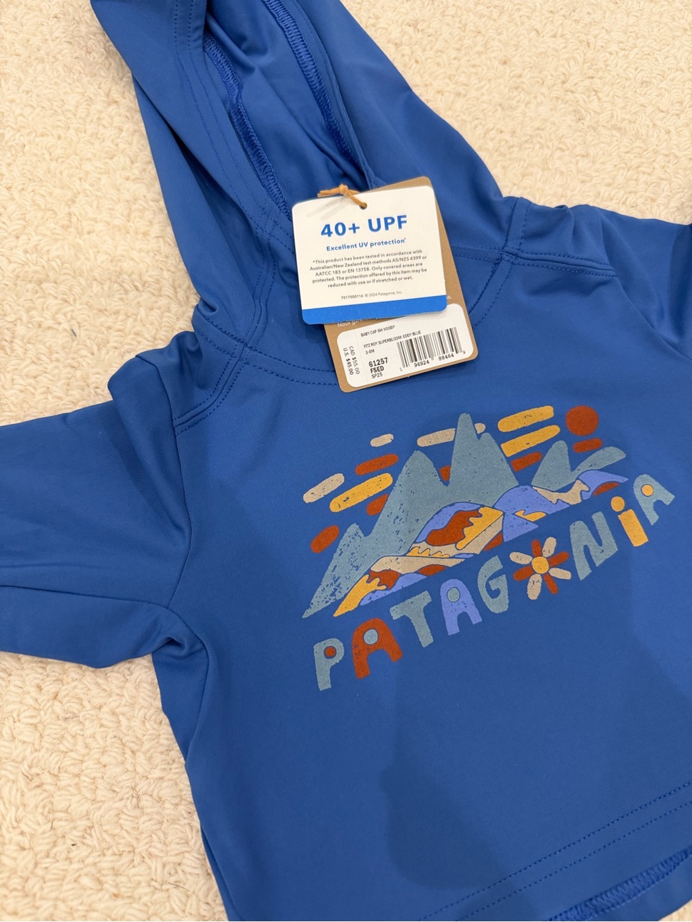 NWT Patagonia Kids Royal Blue Hooded UPF Swim Hoodie with Mountain Graphic